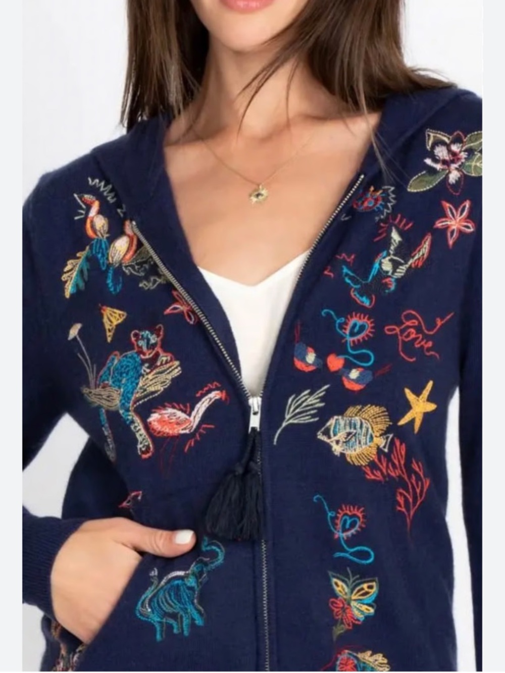Johnny Was 100% Cashmere Navy Animal Embroidered Zip Up Hoodie XL Whimsical